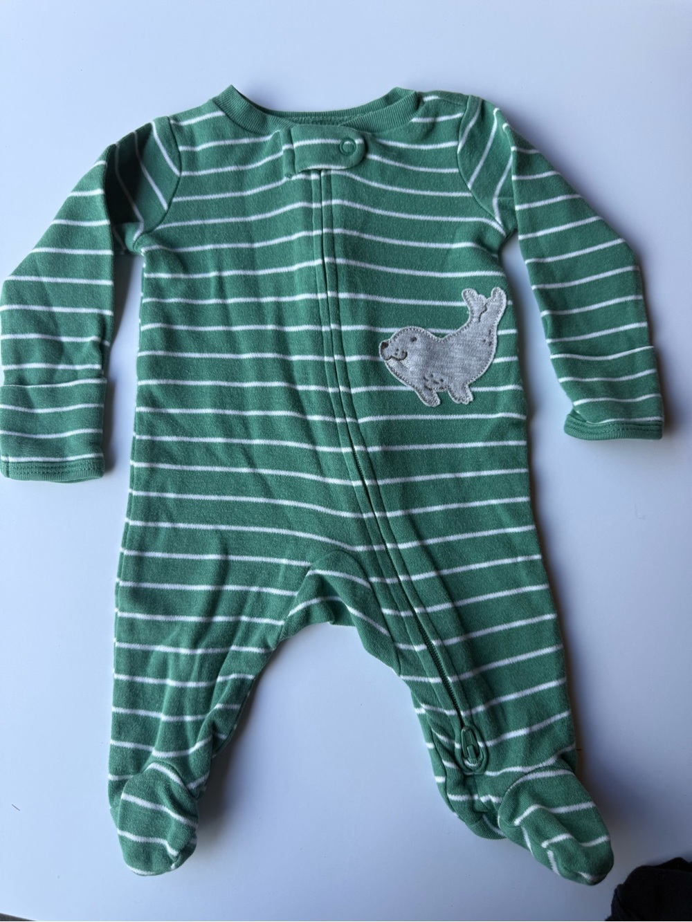 Green Striped Baby Footed One-Piece with Seal Appliqué